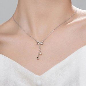 925 Sterling Silver Diamond Bow Tassel Necklace